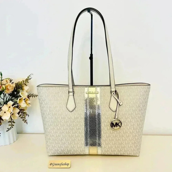 Michael Kors Sheila Large Signature Logo and Metallic Tote Bag Pale Gold - Picture 1 of 9